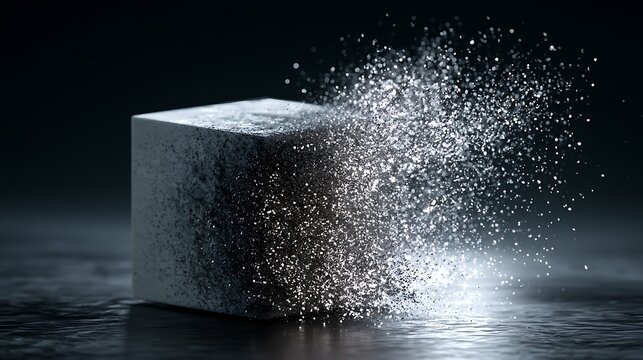 Single cube transforming into thousands of digital particles, generative AI creation concept