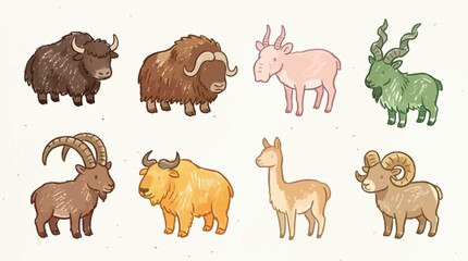 Collection of cute, hand-drawn cartoon illustrations of various wild animals, including yaks, goats, and sheep. © Oki