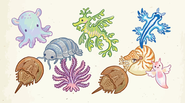 A charming collection of cute marine life illustrations, including an octopus, seahorse, nudibranch, nautilus, and horseshoe crab.