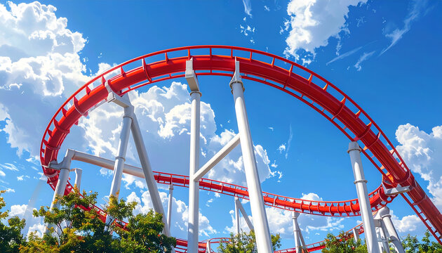 Thrilling Red Roller Coaster Track Against a Vibrant Blue Sky with Clouds.