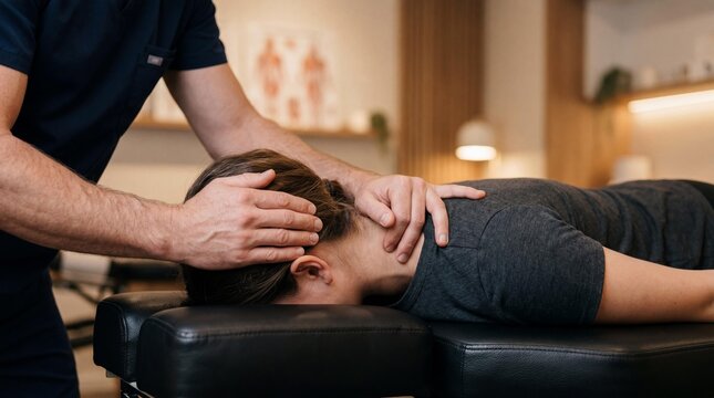 Chiropractor hands performing cervical neck adjustment on woman in clinic