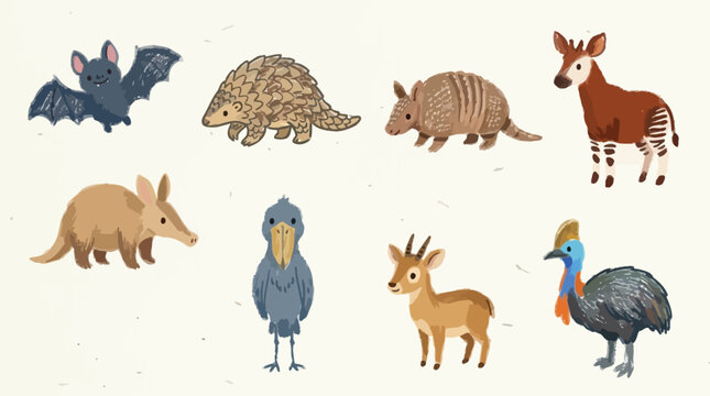 A collection of diverse and unique animals, including a bat, pangolin, armadillo, okapi, aardvark, shoebill, dik-dik, and cassowary, illustrated in a charming cartoon style.