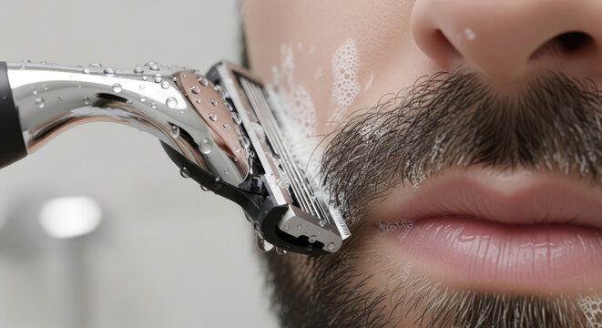 Close-up of man shaving facial hair with manual razor.