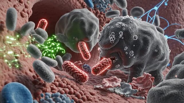 Advanced biomedical animation showing coordinated wound healing processes realistic fibroblast activity collagen synthesis granulation tissue formation and healthy skin regeneration dynamic blood vess