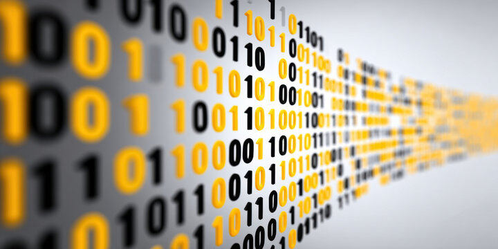 Binary code pattern, yellow and black digits, white background, digital data stream, abstract technology design