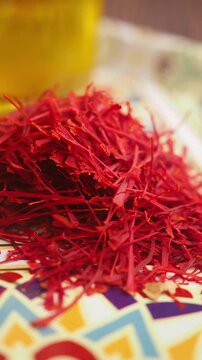 Saffron spice on a colorful background during market visit