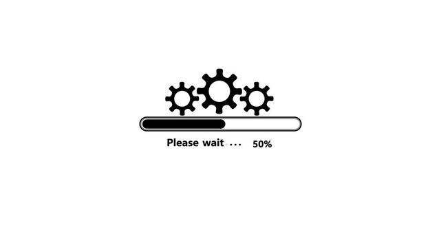 Black silhouette of three interlocking gears positioned above a horizontal loading bar with the text Please wait and the percentage 30% displayed on a white background