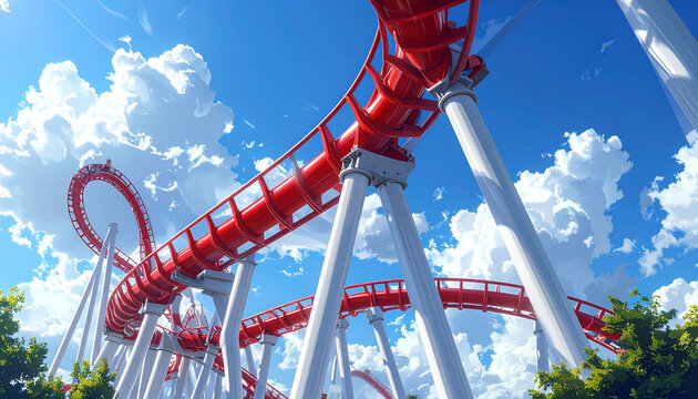 Thrilling Roller Coaster Ride Under a Bright Blue Sky with Fluffy Clouds.