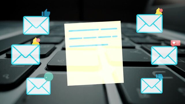Sticky Note Surrounded by Email Icons on Laptop Keyboard Illustrating Digital Communication and Organization Concepts. Entropy.