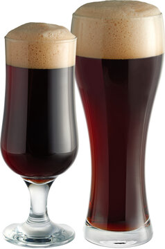 Two glasses of dark stout beer with foam isolated on transparent background