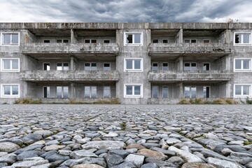 Obraz premium Abandoned concrete building with balconies and broken windows under a stormy, dramatic sky.