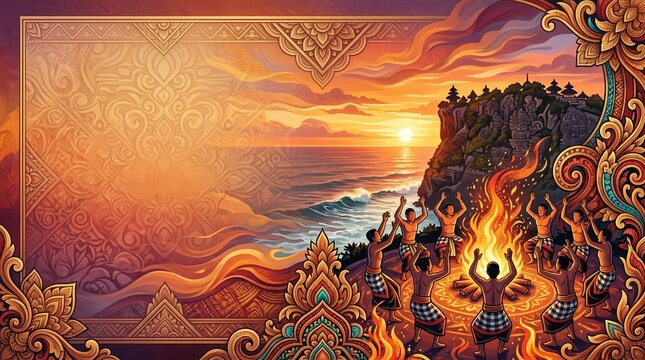Tari Kecak Uluwatu, abstract Balinese carvings, tropical sunset gradients and sacred fire-inspired textures