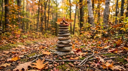 Mabon Equinox, balanced stone cairn surrounded by autumn foliage and acorns, symbolic equinox theme