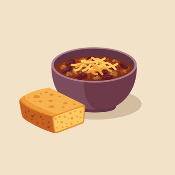 Bowl of Hearty Chili Con Carne with Shredded Cheese Topping and Cornbread Side Vector Illustration