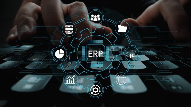 Hands Typing on a Keyboard with Digital Graphic Representing ERP System and Business Icons in a Modern Tech Setting. Entropy.