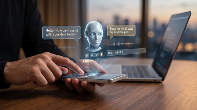 Person using smartphone with holographic ai robot assistant interface displaying voice command bubbles for sales data inquiry