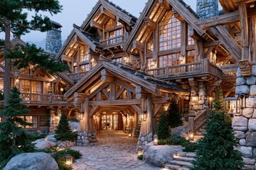 Fototapeta premium Magnificent rustic log cabin lodge with stone accents and warm interior lighting at dusk.