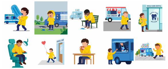 Fototapeta premium Cartoon Boy with Toothache after Eating Ice Cream and Visiting the Dentist Illustration Set