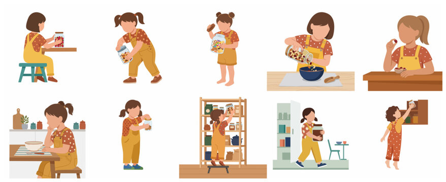 Little girl in yellow overalls with food jars in kitchen flat illustration set