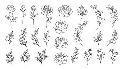 Hand drawn botanical line art collection, 25 floral vector elements with roses and leaves, minimalist black ink flower sketches for wedding invitations © Dream Time Studio