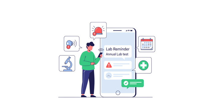 Man using smartphone for lab test reminder, health checkup notification, medical app