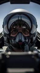 Fototapeta premium Man pilot wearing helmet inside cockpit of fighter jet. Military aviator conducting flight operation during combat mission. Aerial defense patrol training. Modern air force technology.