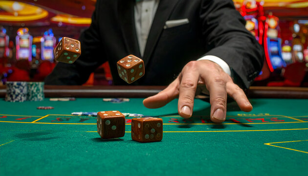 Casino dice game in action with a hand throwing dice on a green felt table.