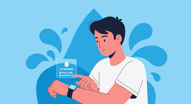 Man using smartwatch for hydration reminder, water splash background