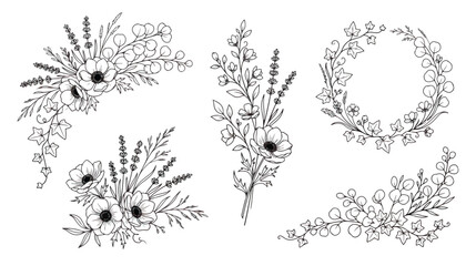Hand drawn floral line art collection, black and white botanical sketches, 5 elegant wildflower bouquets and wreath vector set for wedding invitations © Dream Time Studio