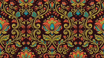 Vibrant seamless floral damask pattern with colorful intricate ornament on a dark background. © Robich Art