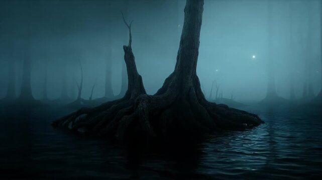Horror foggy swamp dark forest misty water eerie mood mysterious landscape with spooky trees night scene fantasy nature haunting atmosphere blue fog haunted marsh blue haze still lake fog swamp tree