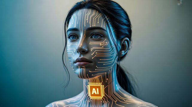 Artificial intelligence integrated with human face and digital technology concept
