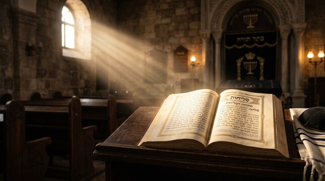 Selichot, open prayer book illuminated by heavenly light rays