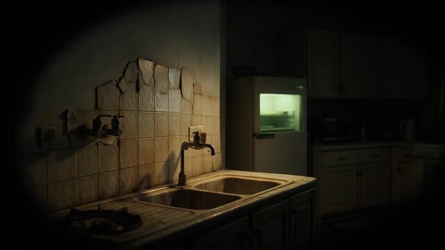 Horror Abandoned kitchen dirty sink cracked tile rusty faucet old cabinet broken stove dark interior eerie horror atmosphere empty home with peeling paint decayed old tile wall dirty countertop