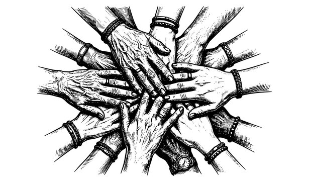 Unity of hands sketch vector illustration with diverse multiethnic group hand stack drawing