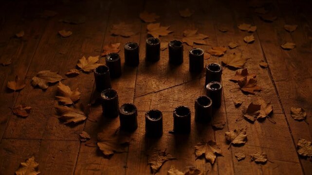 Horror Dark candle circle black candle rustic wooden floor with autumn leaf and dry leaf, spooky mood ritual smoke occult symbol moody lighting, black color wax arrangement seasonal decor mystical