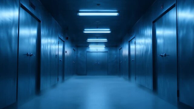 Horror Morgue corridor metal hallway with steel double door handle and lock, blue light hospital interior eerie atmosphere clinical design fog floor horror concept empty medical facility