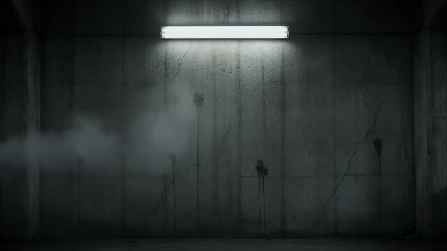 Horror dark wall cracked concrete fluorescent light industrial interior empty room with grunge texture moody atmosphere urban decay smoke effect eerie underground corridor horror background thriller