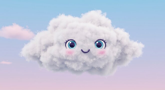 Cartoon cloud smiling against a pastel sky for childrens storybook illustrations