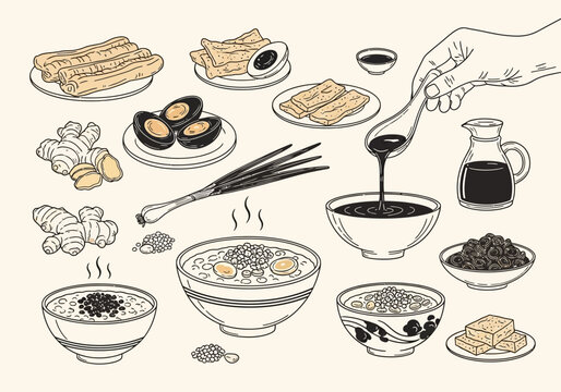 Vintage Hand-Drawn Illustration of Traditional Chinese Breakfast Congee Rice Porridge with Youtiao Fried Dough Sticks Century Eggs and Ginger Ingredients
