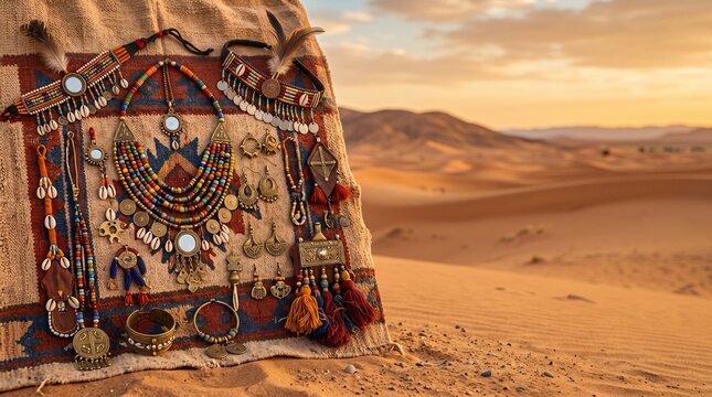 Gerewol Festival, traditional Wodaabe jewelry and decorative tribal ornaments arranged artistically