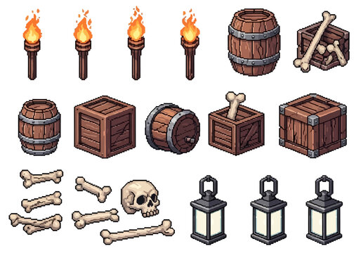 Collection of isometric game assets featuring wooden crates barrels torches skulls and bones.
