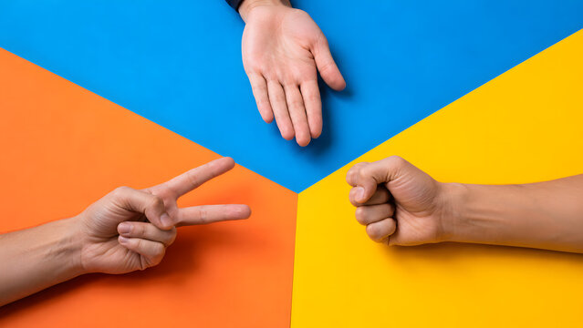 Rock paper scissors hand game on colorful background, hands playing roshambo on blue orange and yellow paper, decision making concept