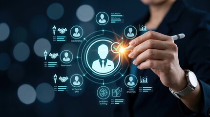 Fototapeta premium Human resources manager evaluating candidate skills on virtual interface, recruitment concept with leadership, teamwork and technical ability scores