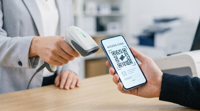 Customer scanning QR code access code on smartphone with barcode scanner device, digital payment method, contactless transaction, mobile technology, retail store checkout counter