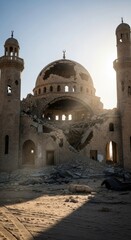 Obraz premium Destroyed mosque with collapsed dome and minaret. Ruined religious building after massive military conflict. Debris and rubble in war zone. Humanitarian crisis and heritage damage.