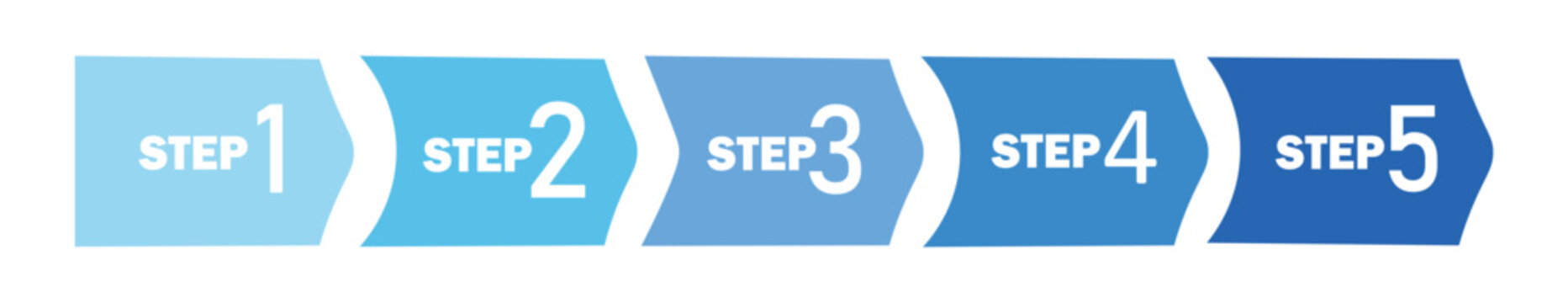 Modern 5 step infographic process, blue gradient chevron arrow timeline, professional business workflow diagram with five numbered stages
