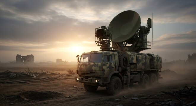 Military radar vehicle parked in ruined landscape at sunset. Mobile defense station for air surveillance and satellite communication. Modern battlefield technology, warfare concept.