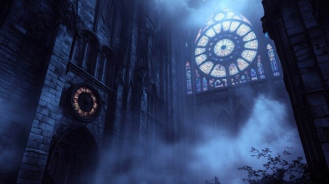 Mysterious gothic cathedral interior at night