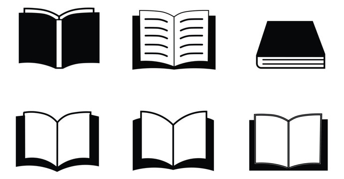 Minimalist book icon set with 6 vector elements, black and white open book symbols, educational literature and library graphics for web design